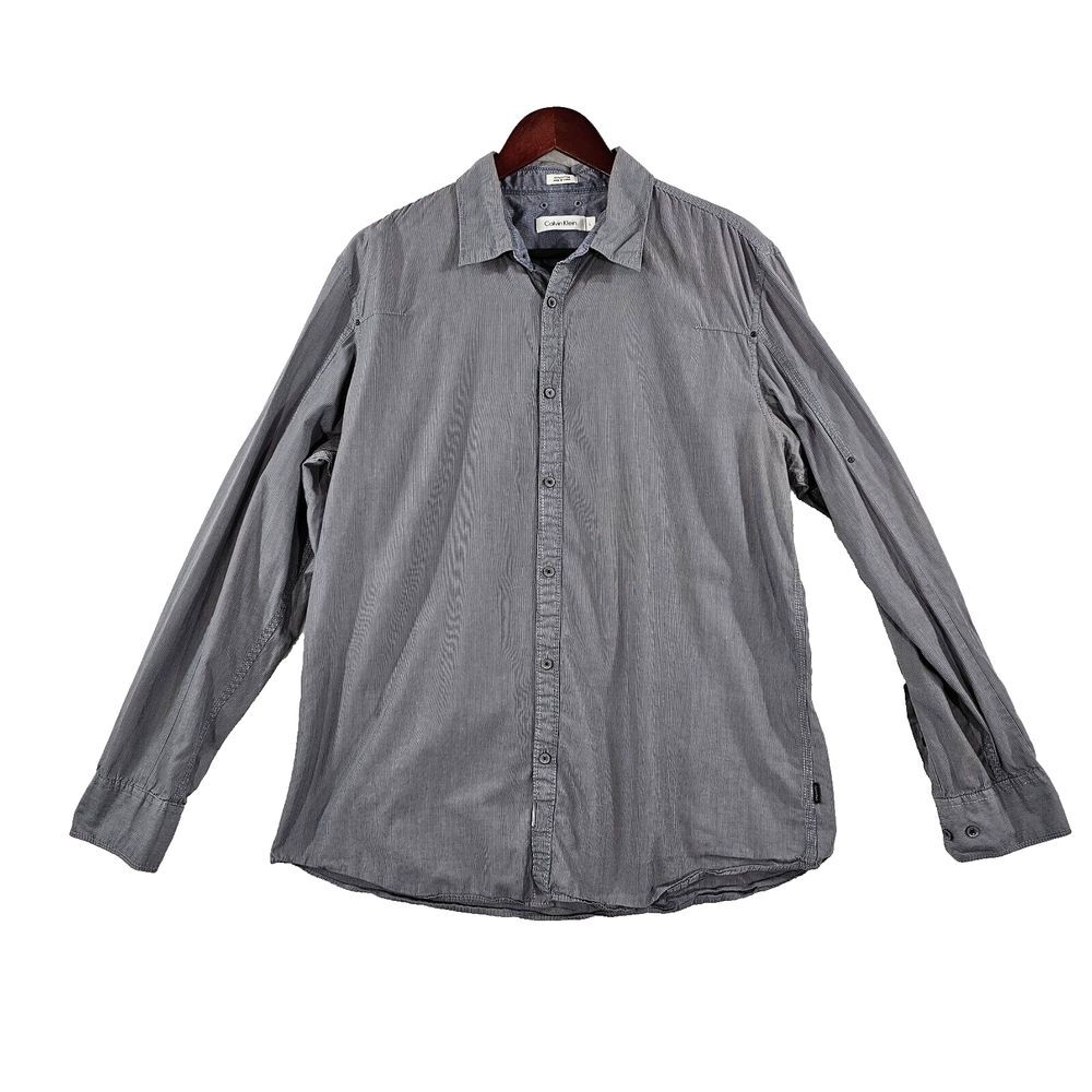 Calvin Klein Mens Dress Shirt Long Sleeve Button Down Pinstriped Gray L